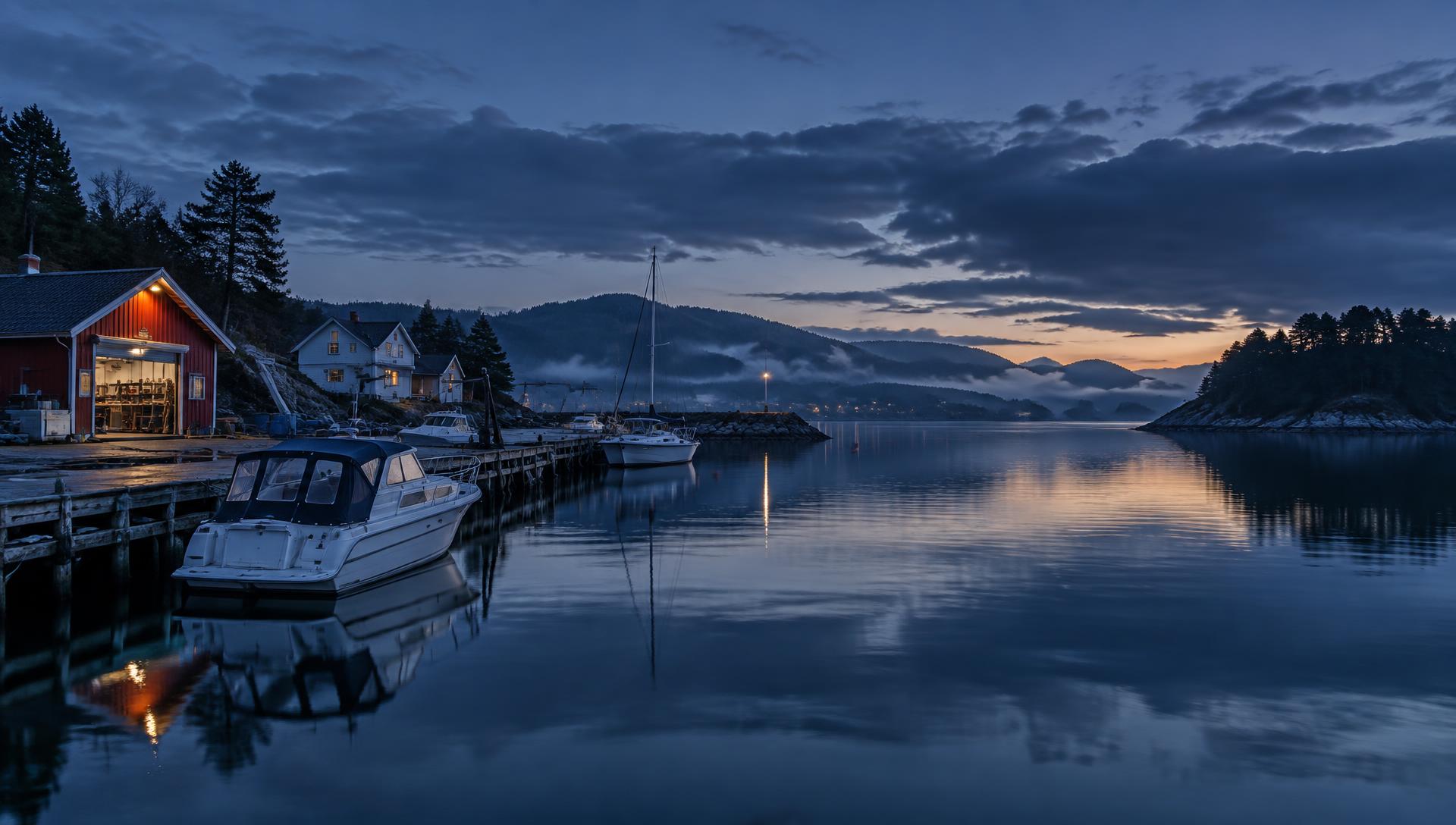 Båter ved en rolig norsk marina i skumringen